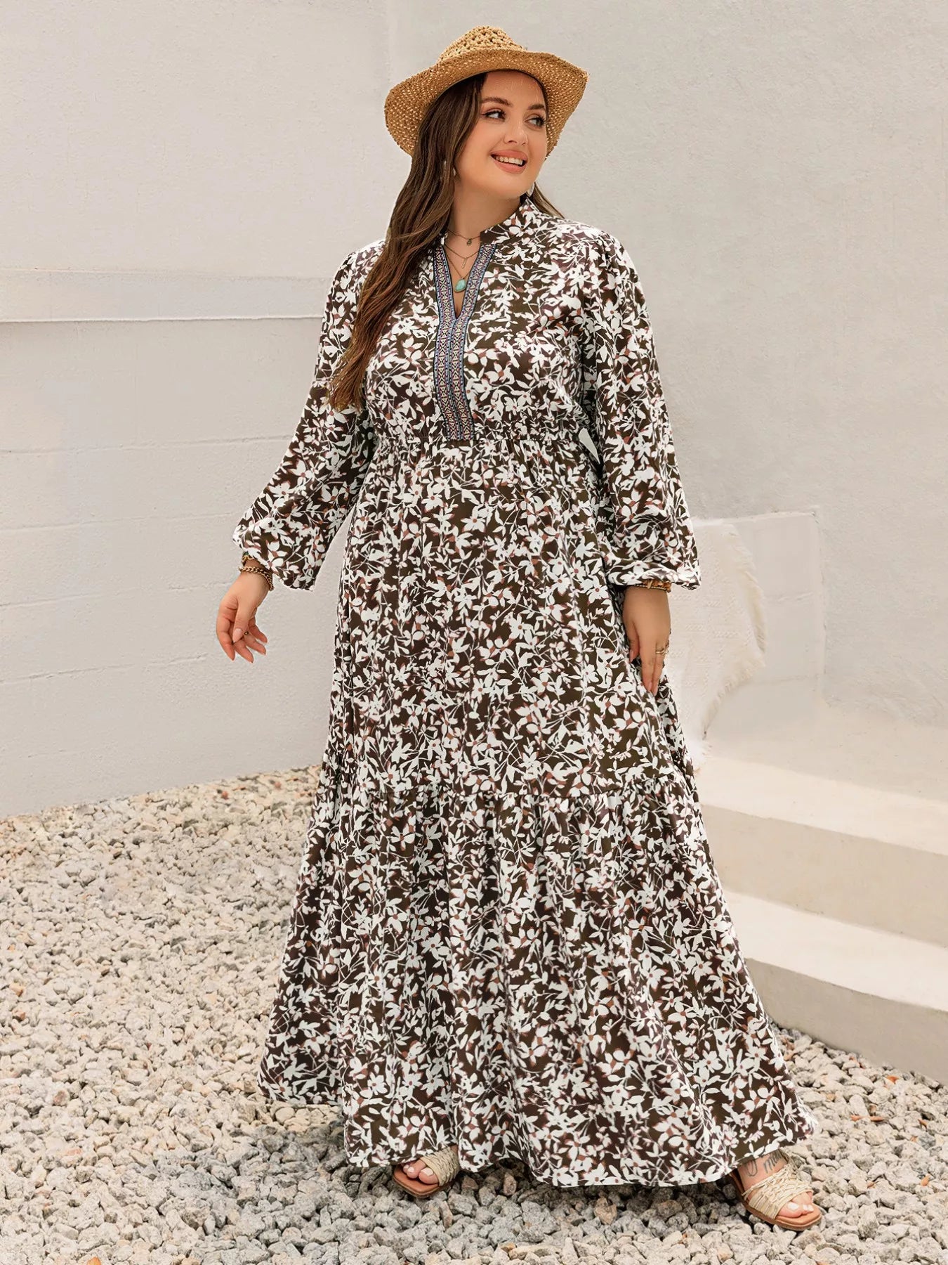 Plus Size Floral Print Long Sleeve Maxi Dress - MAD RUFFI