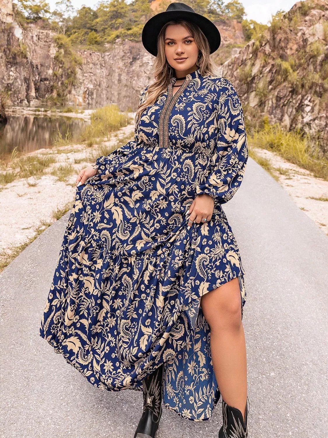 Plus Size Floral Print Long Sleeve Maxi Dress - MAD RUFFI