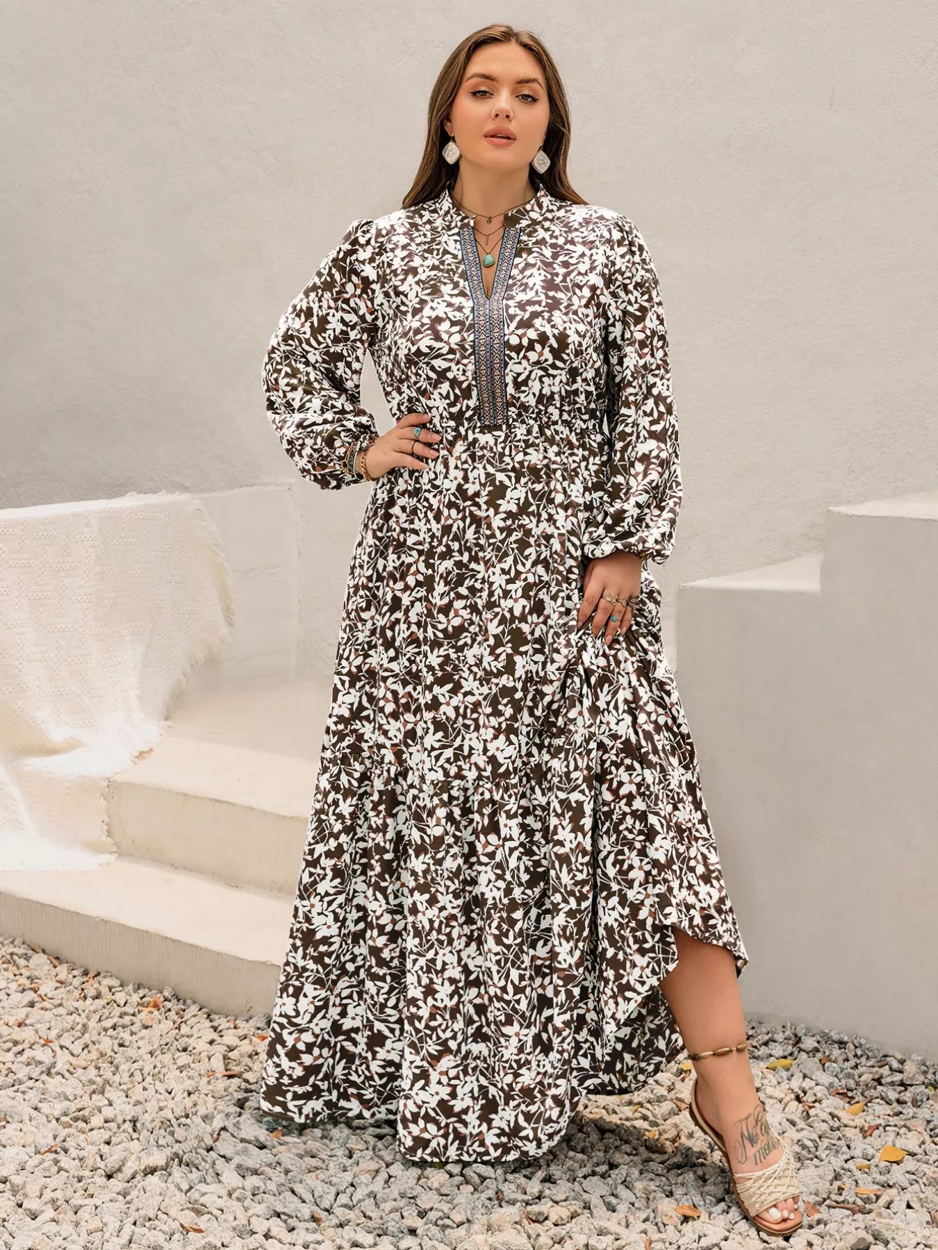 Plus Size Floral Print Long Sleeve Maxi Dress - MAD RUFFI