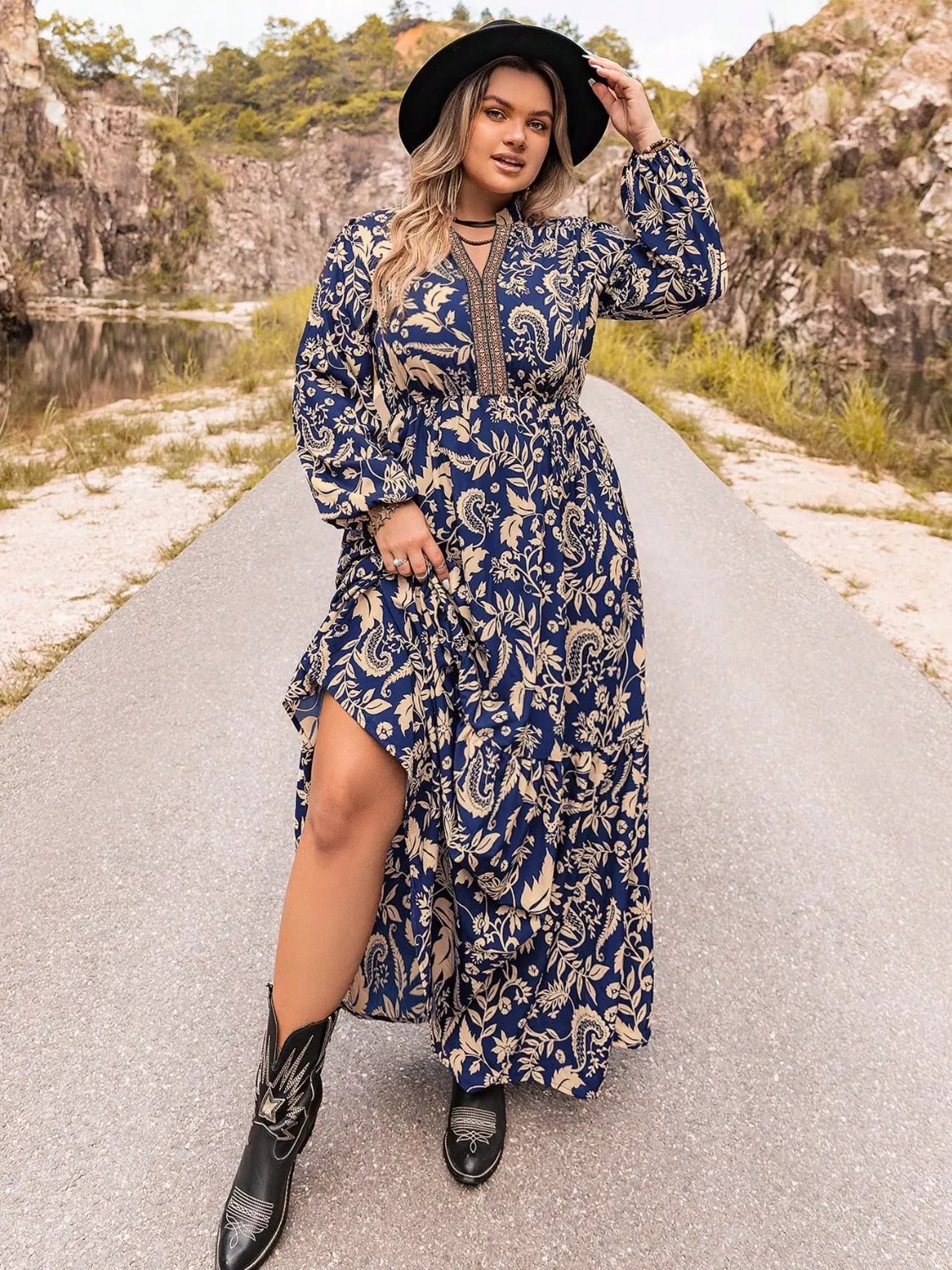 Plus Size Floral Print Long Sleeve Maxi Dress - MAD RUFFI