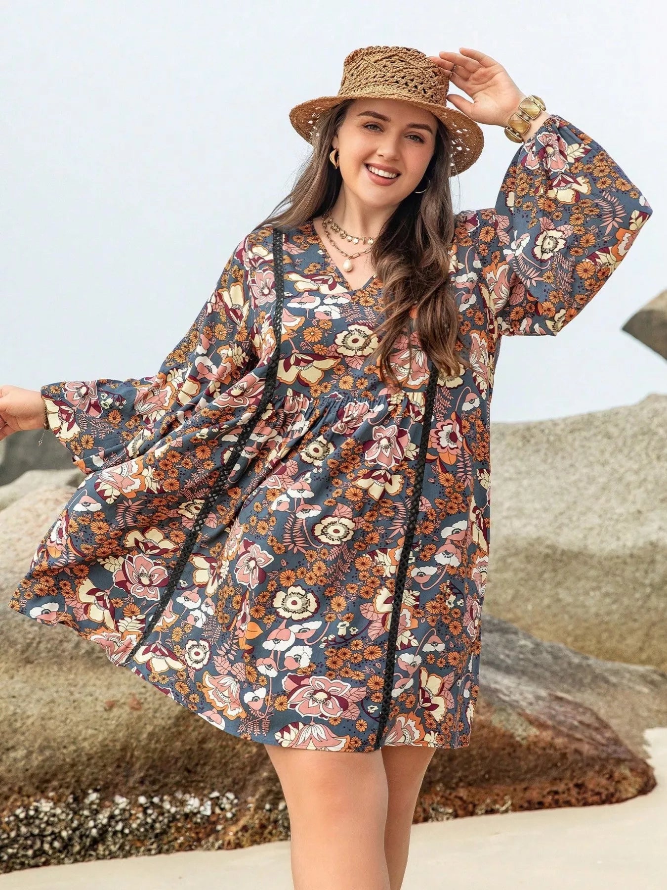 Plus Size Floral Print Long Sleeve Mini Dress - MAD RUFFI