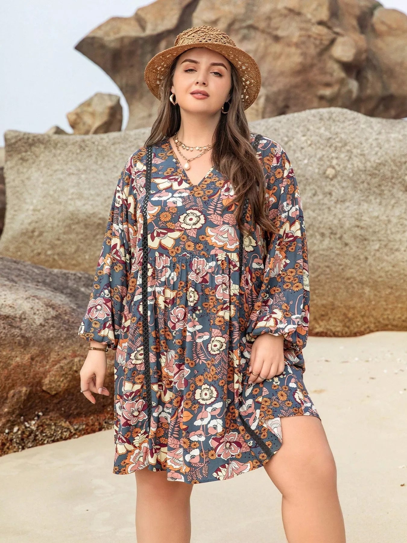 Plus Size Floral Print Long Sleeve Mini Dress - MAD RUFFI