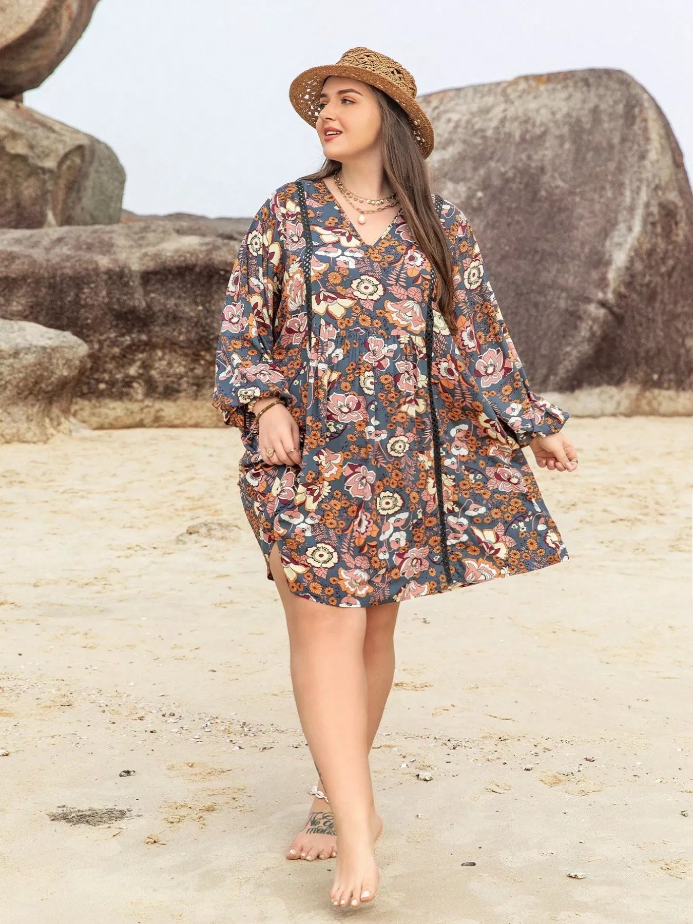 Plus Size Floral Print Long Sleeve Mini Dress - MAD RUFFI