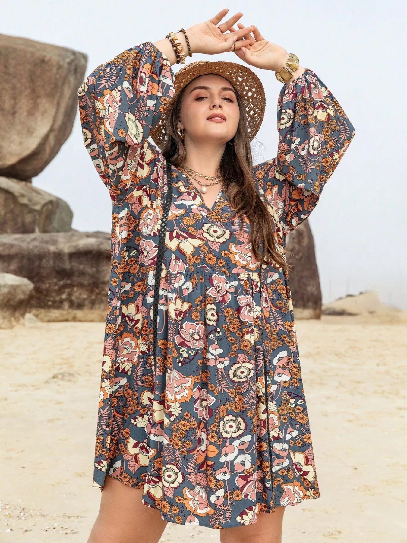 Plus Size Floral Print Long Sleeve Mini Dress - MAD RUFFI