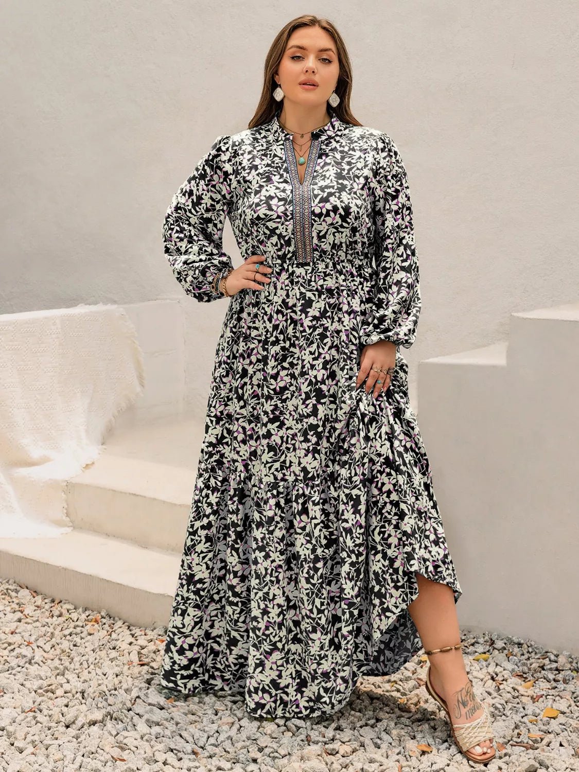 Plus Size Floral Print Long Sleeve Tiered Maxi Dress - MAD RUFFI