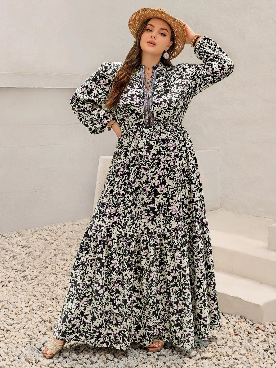 Plus Size Floral Print Long Sleeve Tiered Maxi Dress - MAD RUFFI