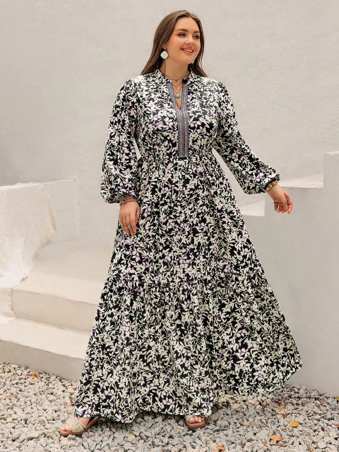 Plus Size Floral Print Long Sleeve Tiered Maxi Dress - MAD RUFFI