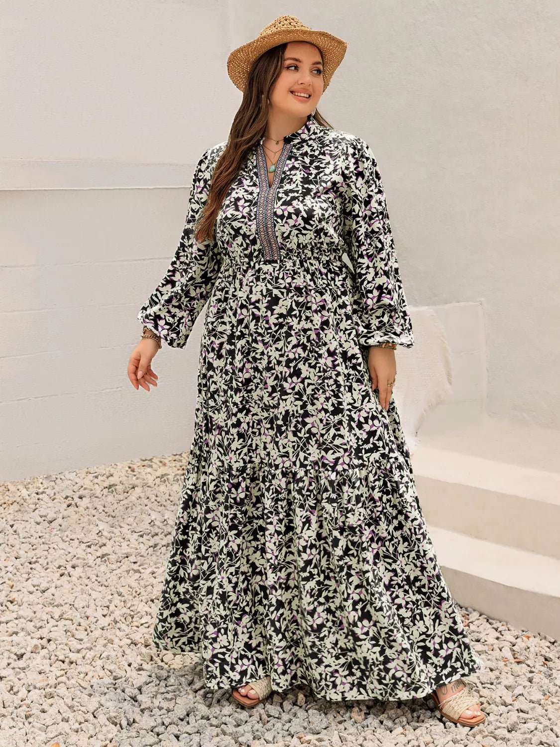 Plus Size Floral Print Long Sleeve Tiered Maxi Dress - MAD RUFFI