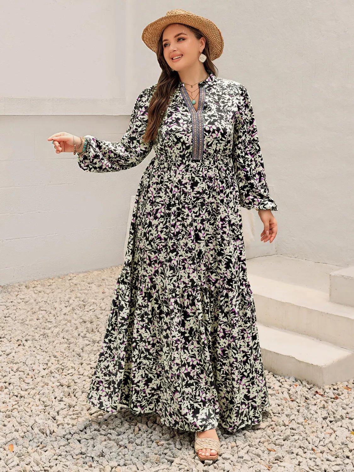 Plus Size Floral Print Long Sleeve Tiered Maxi Dress - MAD RUFFI