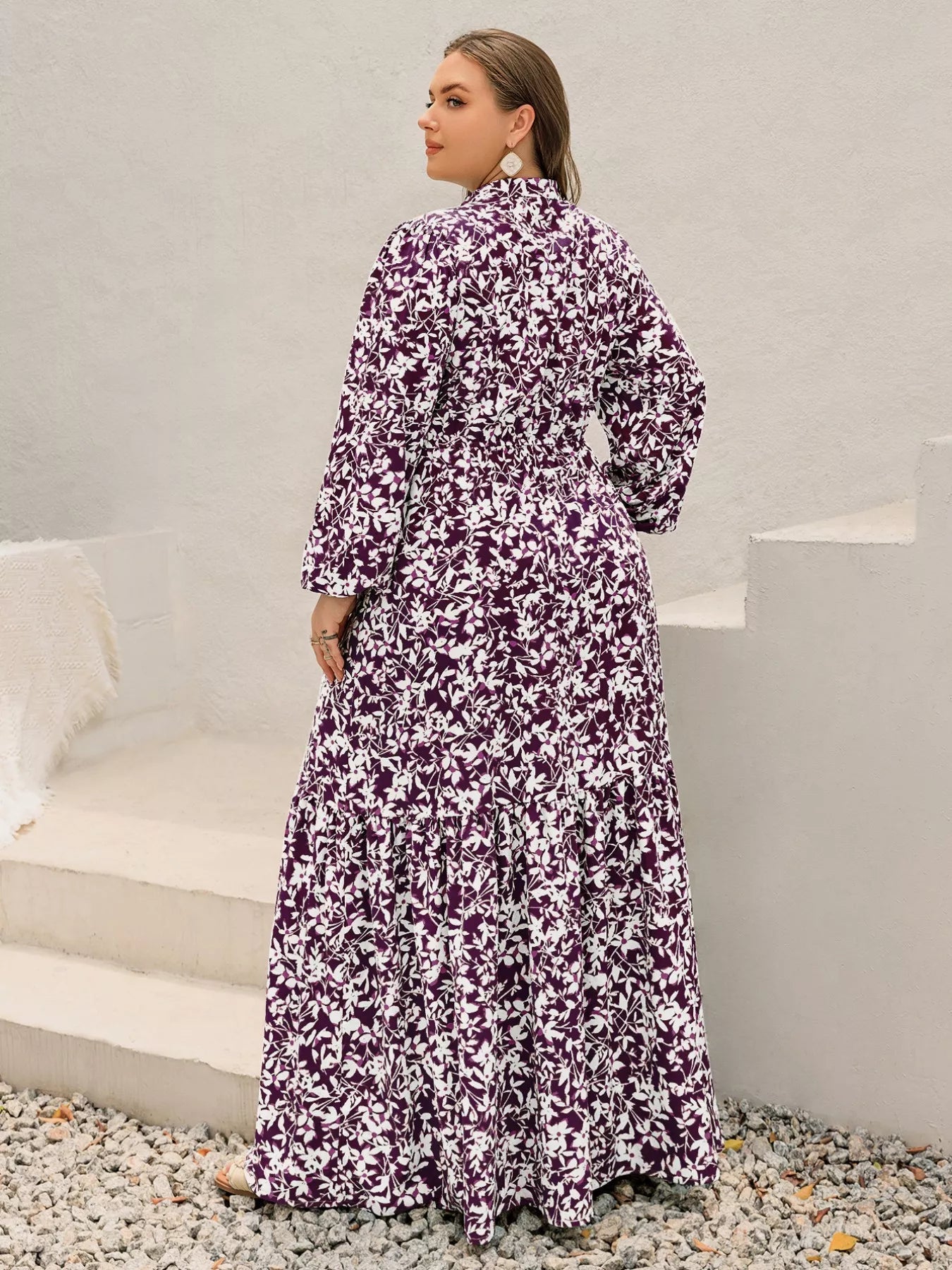 Plus Size Floral Print Maxi Dress with Long Sleeves - MAD RUFFI
