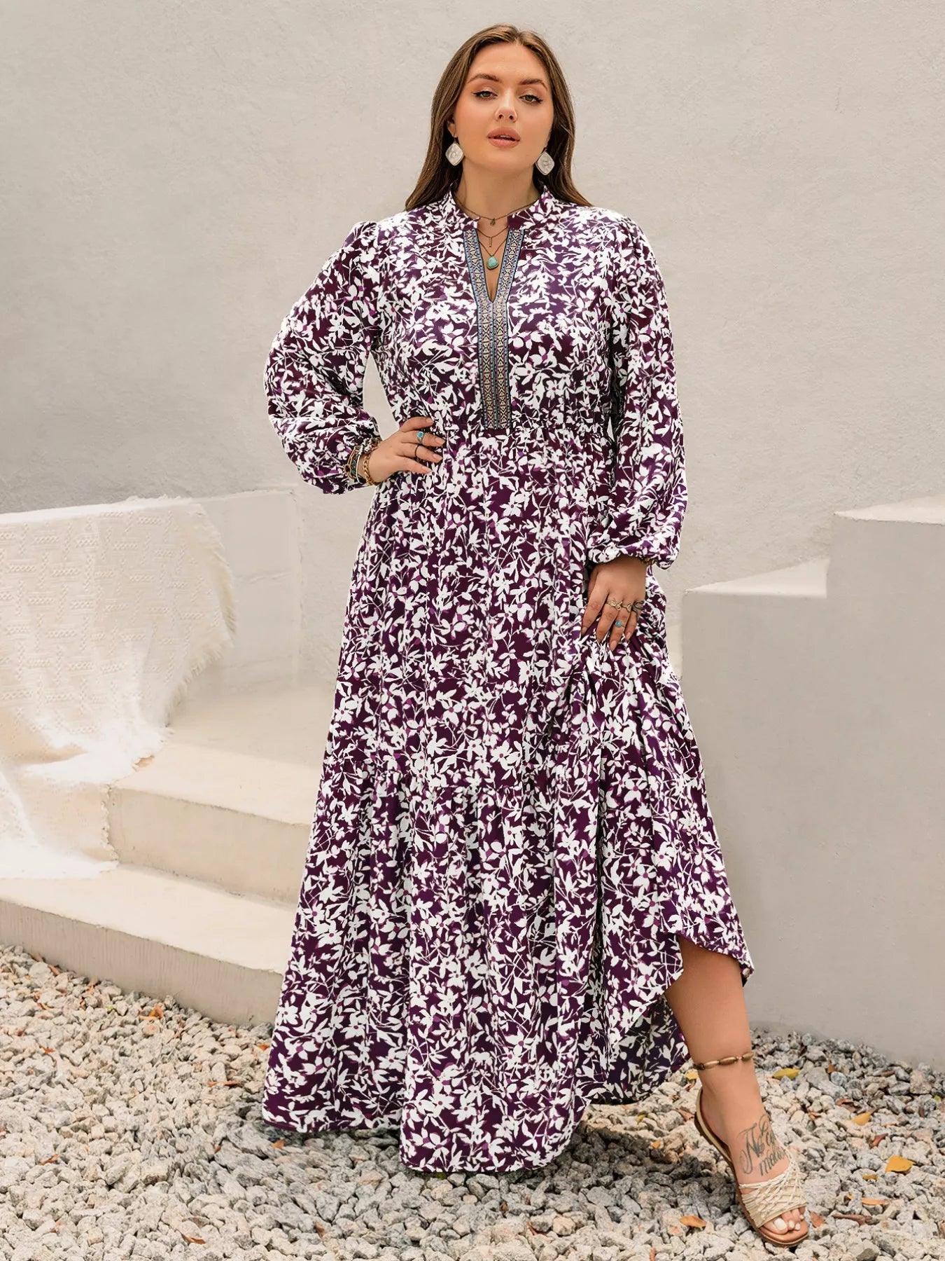 Plus Size Floral Print Maxi Dress with Long Sleeves - MAD RUFFI