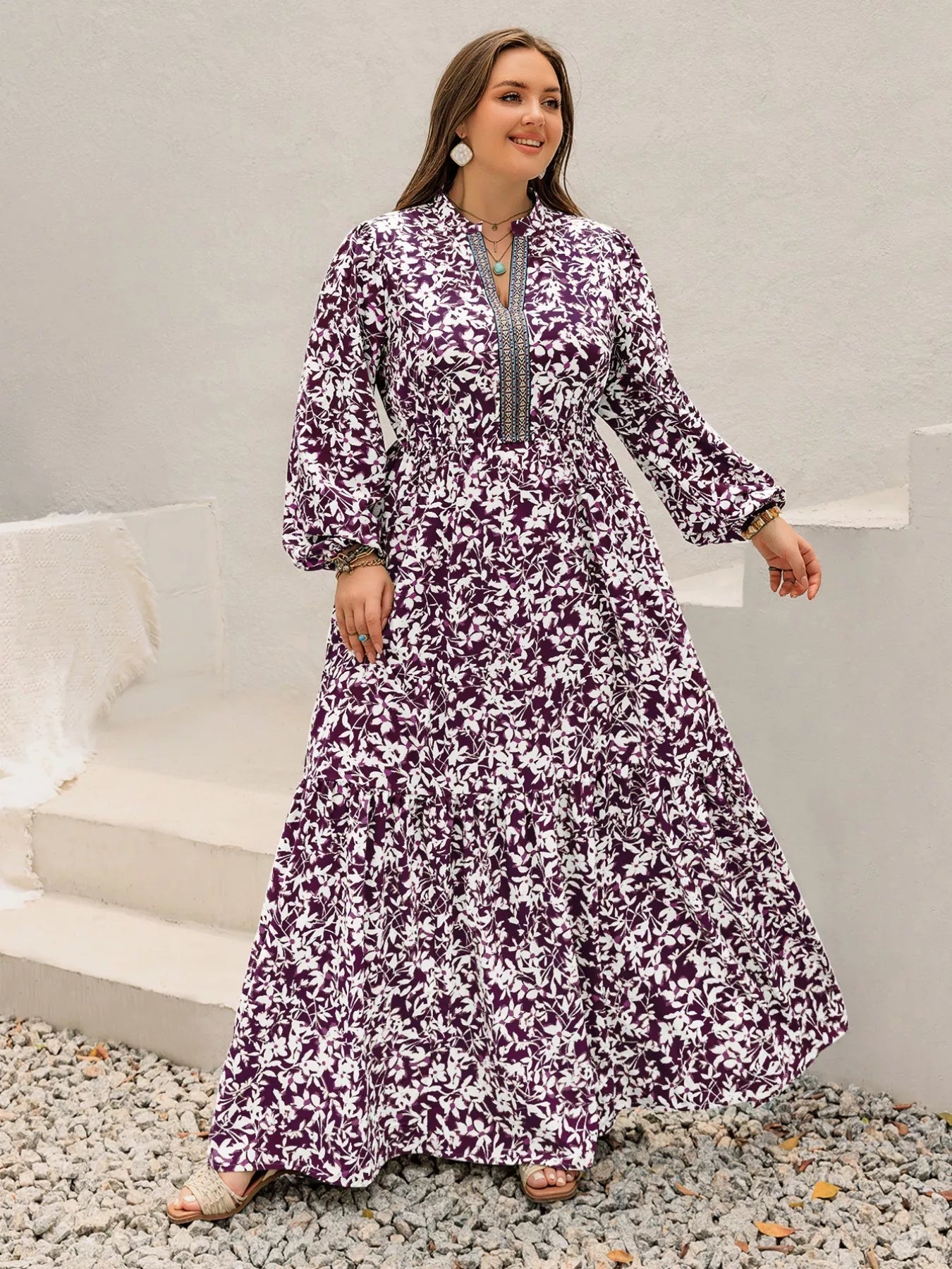 Plus Size Floral Print Maxi Dress with Long Sleeves - MAD RUFFI