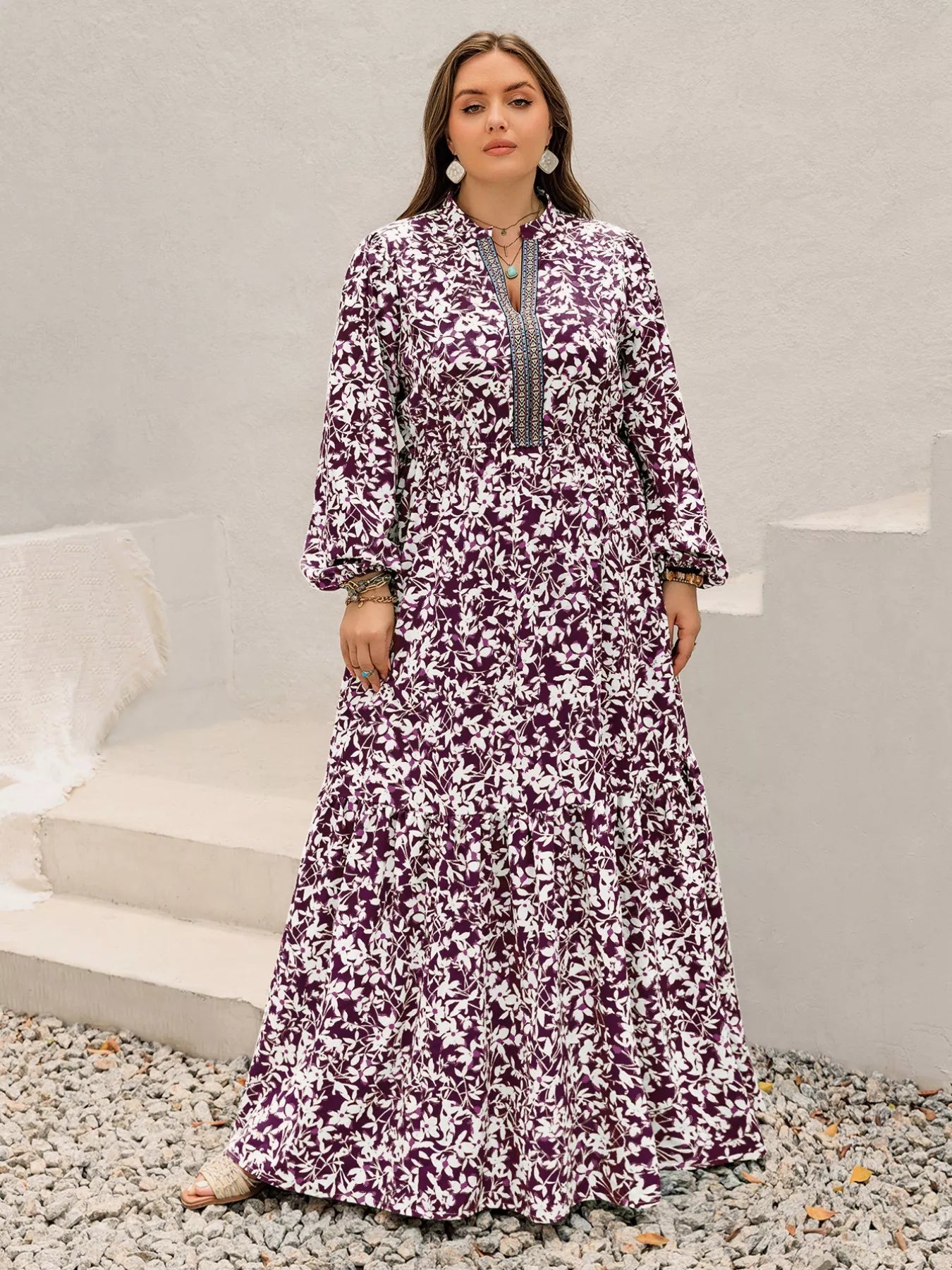 Plus Size Floral Print Maxi Dress with Long Sleeves - MAD RUFFI