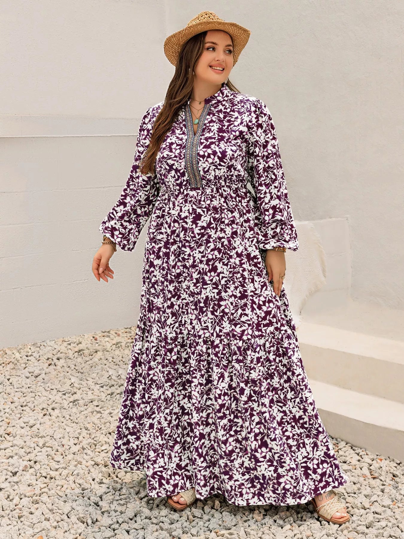 Plus Size Floral Print Maxi Dress with Long Sleeves - MAD RUFFI
