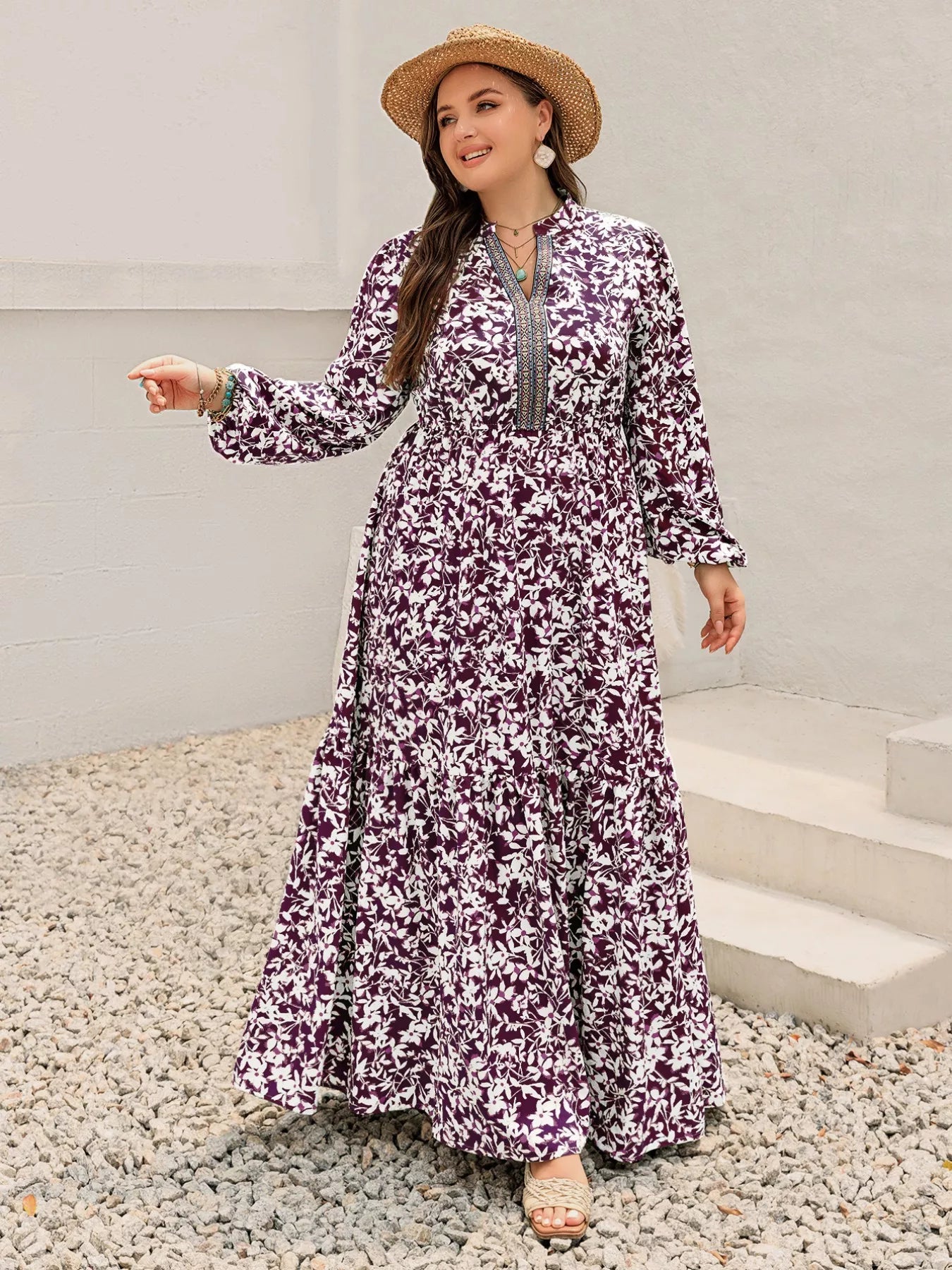 Plus Size Floral Print Maxi Dress with Long Sleeves - MAD RUFFI