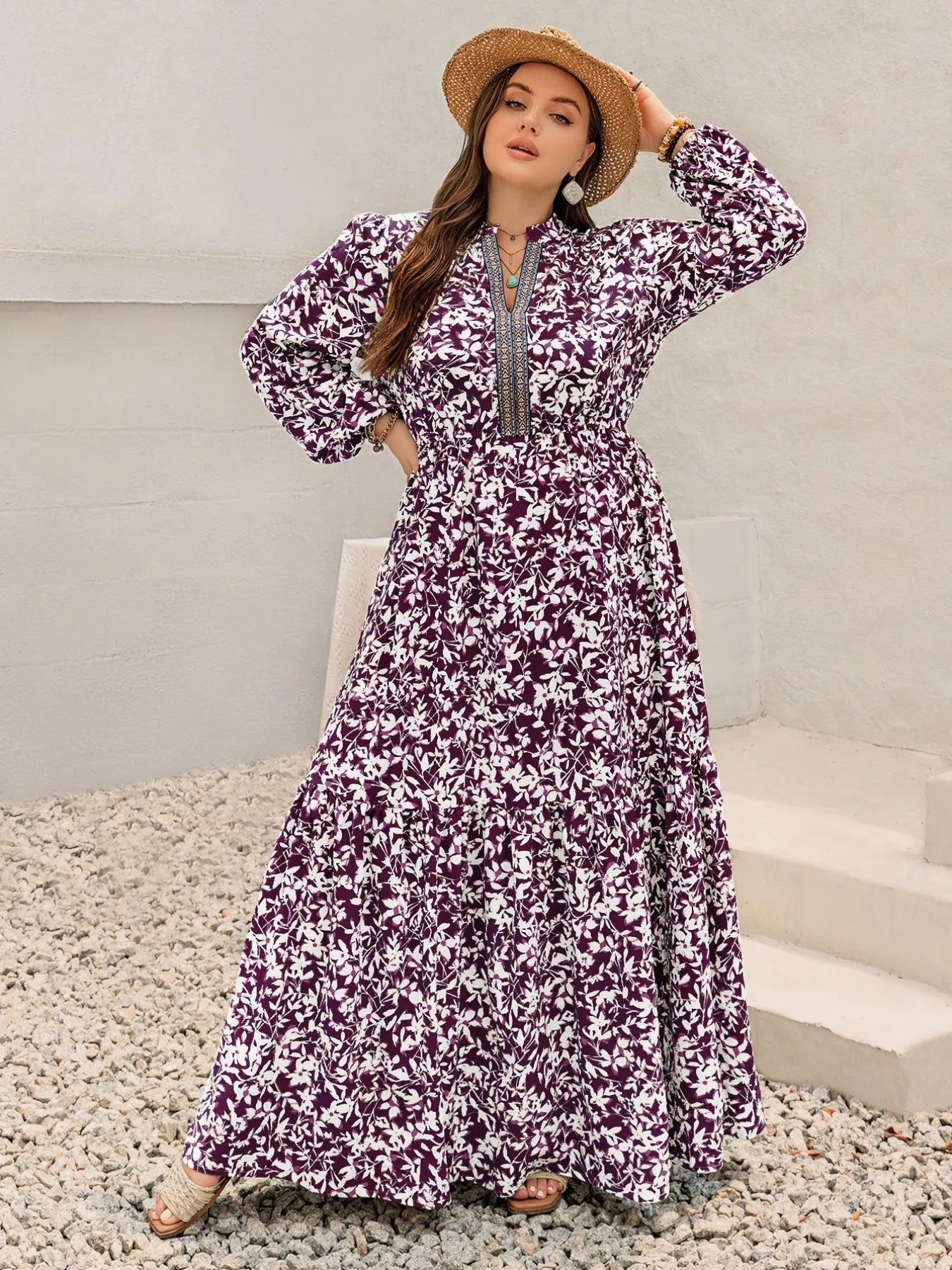 Plus Size Floral Print Maxi Dress with Long Sleeves - MAD RUFFI