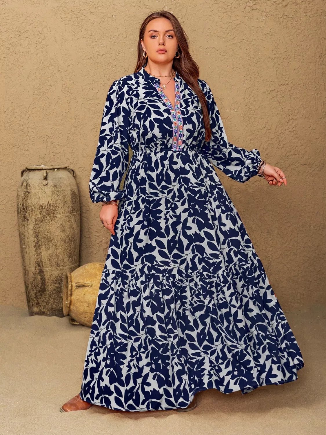 Plus Size Floral Print Notched Long Sleeve Maxi Dress - MAD RUFFI