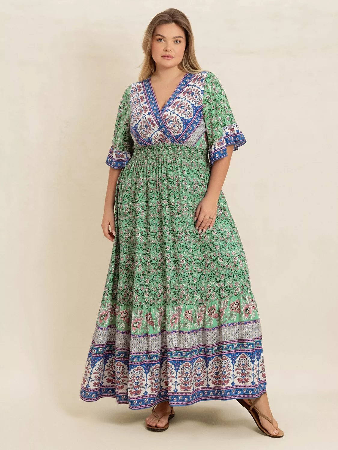 Plus Size Floral Print Smocked Waist Maxi Dress - MAD RUFFI