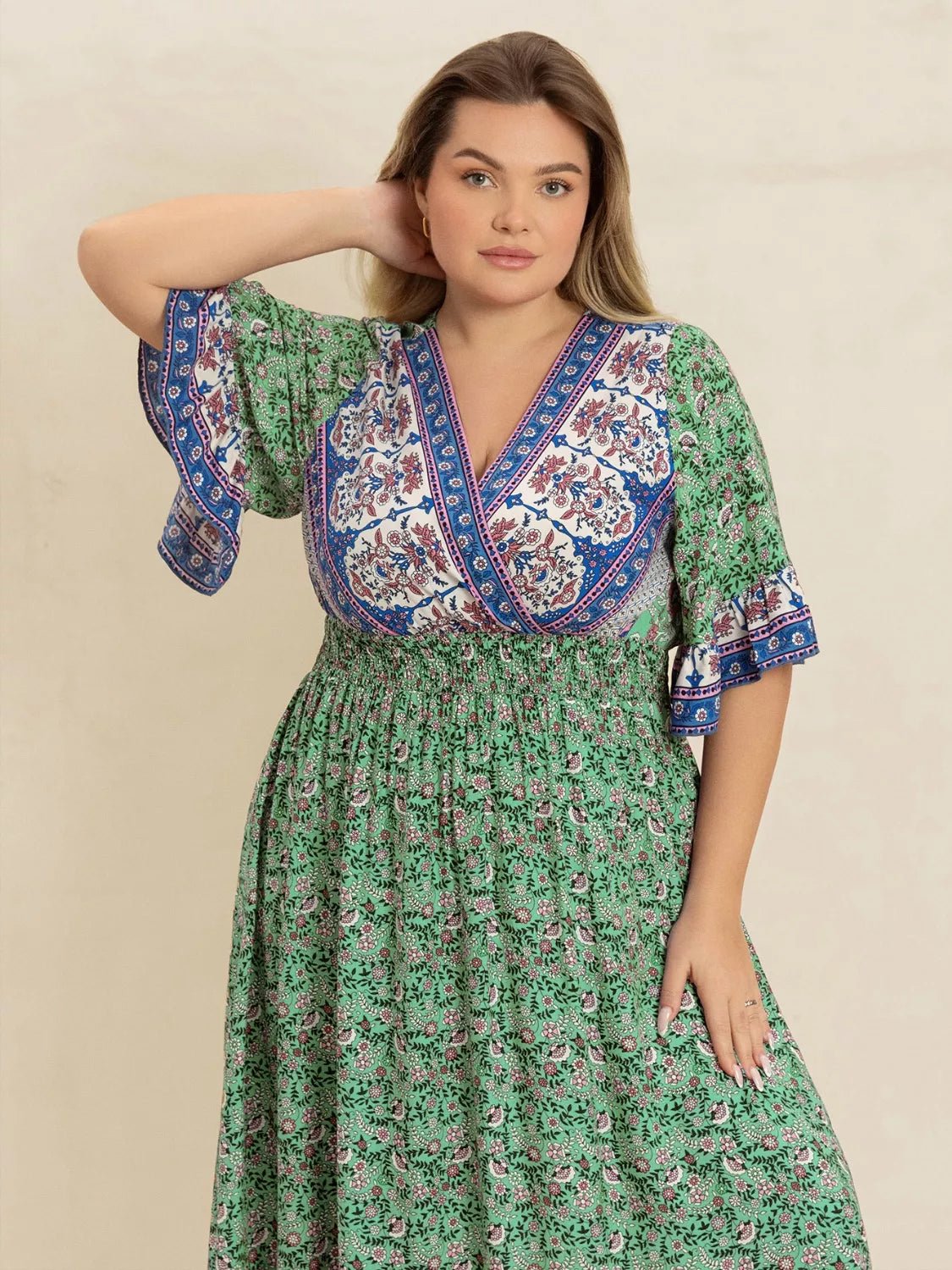 Plus Size Floral Print Smocked Waist Maxi Dress - MAD RUFFI