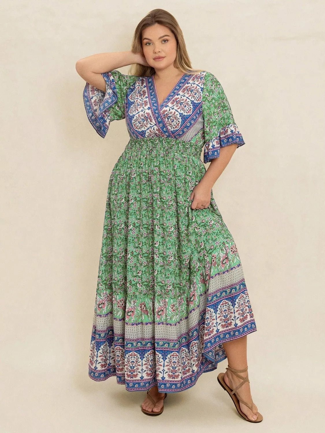Plus Size Floral Print Smocked Waist Maxi Dress - MAD RUFFI