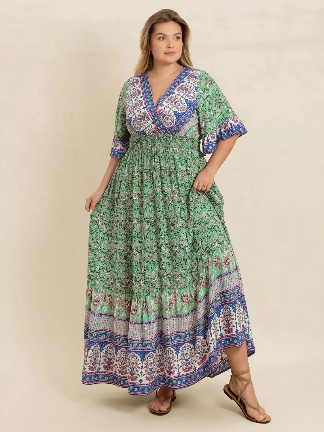Plus Size Floral Print Smocked Waist Maxi Dress - MAD RUFFI