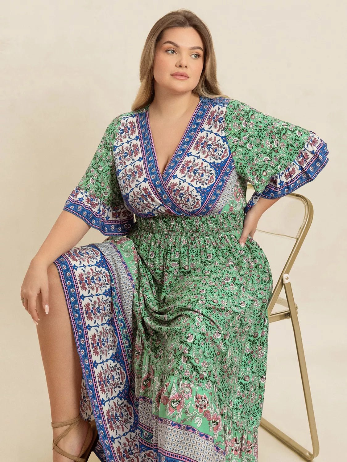 Plus Size Floral Print Smocked Waist Maxi Dress - MAD RUFFI