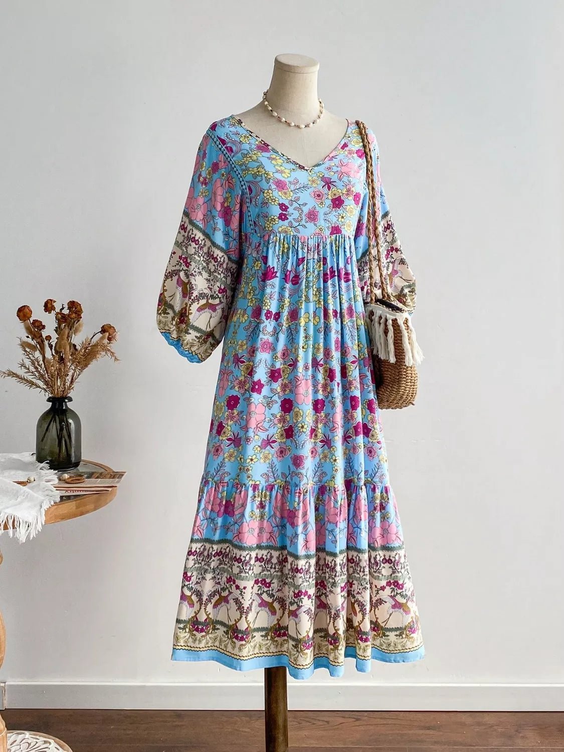 Plus Size Floral Print V - Neck Dress - MAD RUFFI