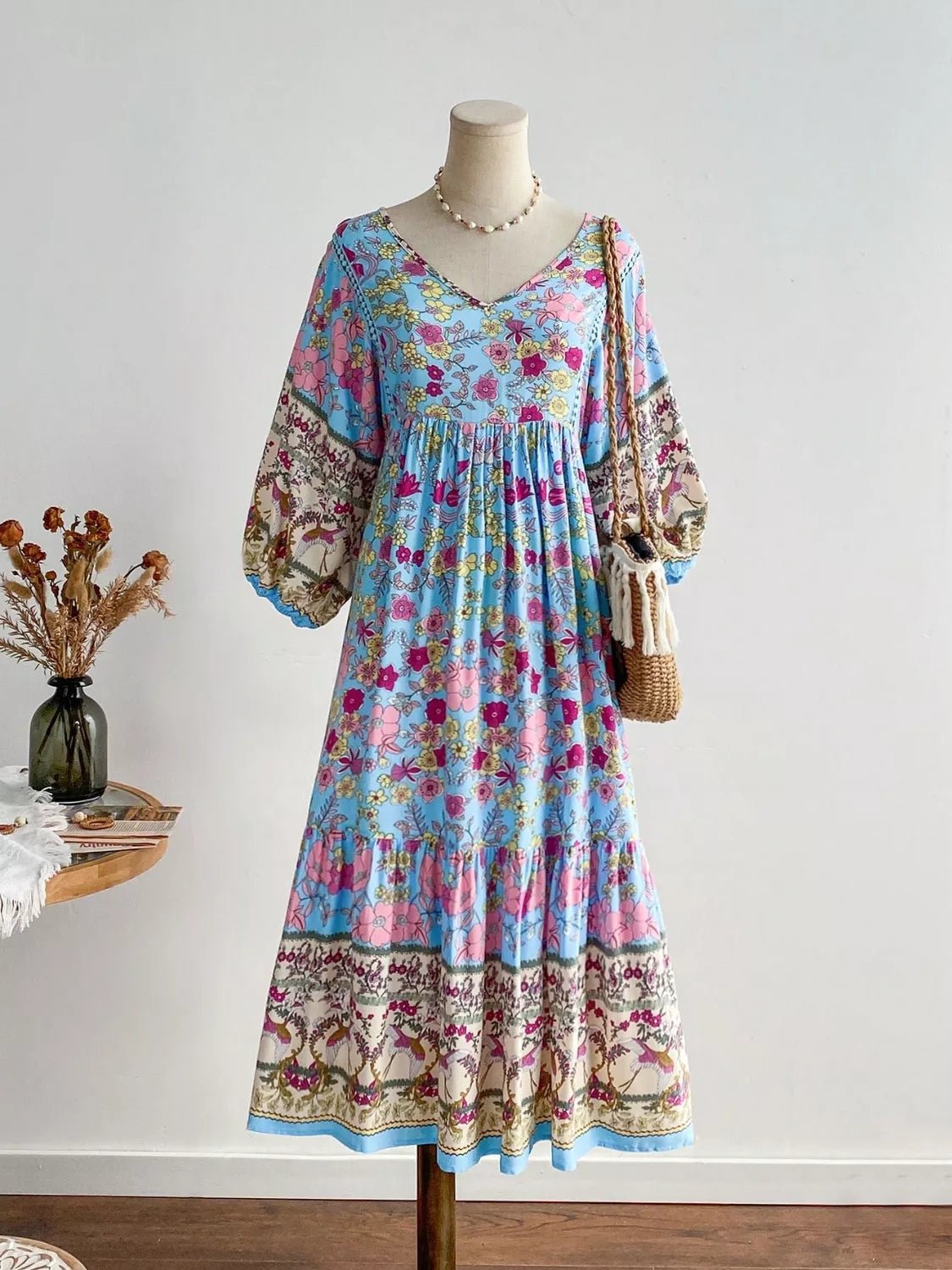 Plus Size Floral Print V - Neck Dress - MAD RUFFI