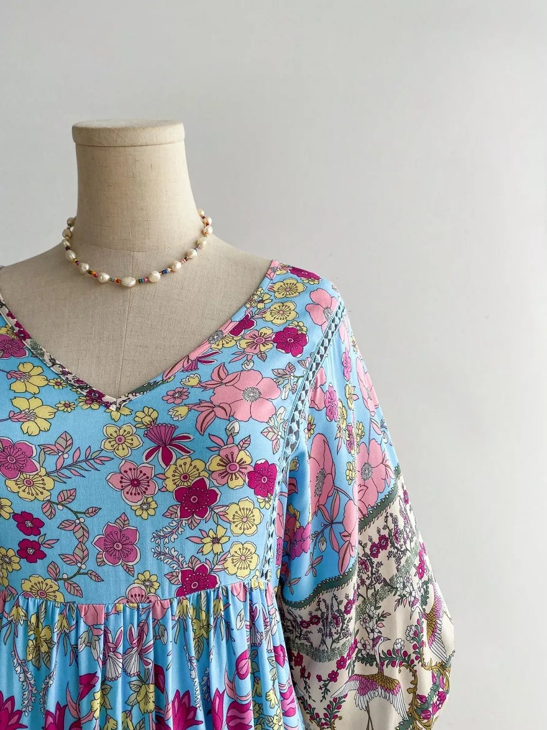 Plus Size Floral Print V - Neck Dress - MAD RUFFI