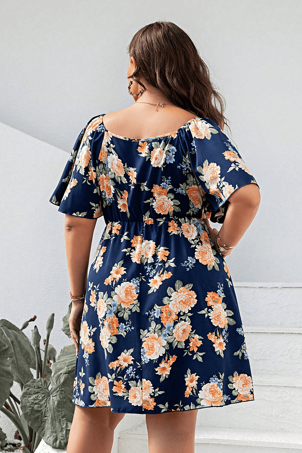 Plus Size Floral Print V - Neck Flutter Sleeve Mini Dress - MAD RUFFI