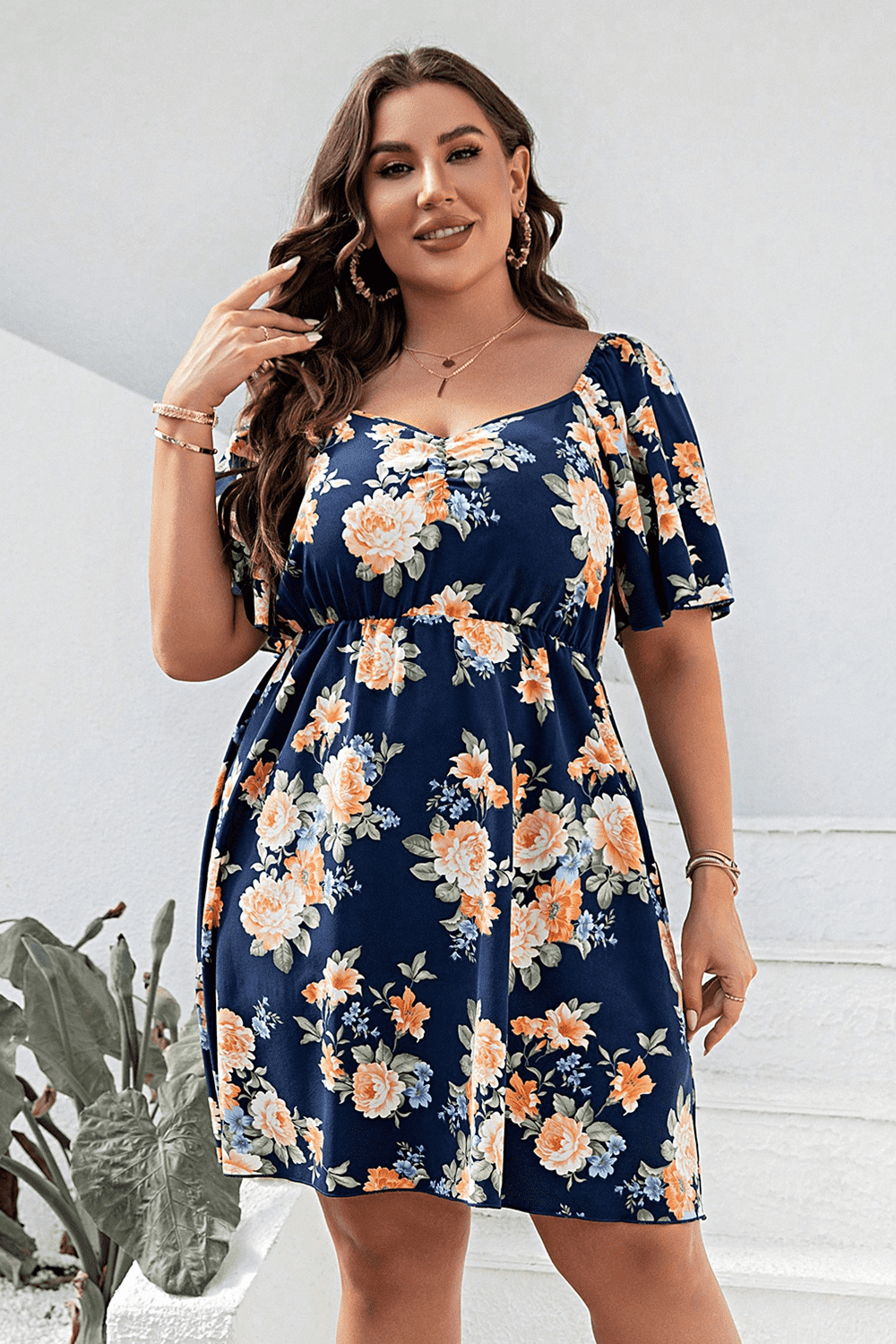 Plus Size Floral Print V - Neck Flutter Sleeve Mini Dress - MAD RUFFI