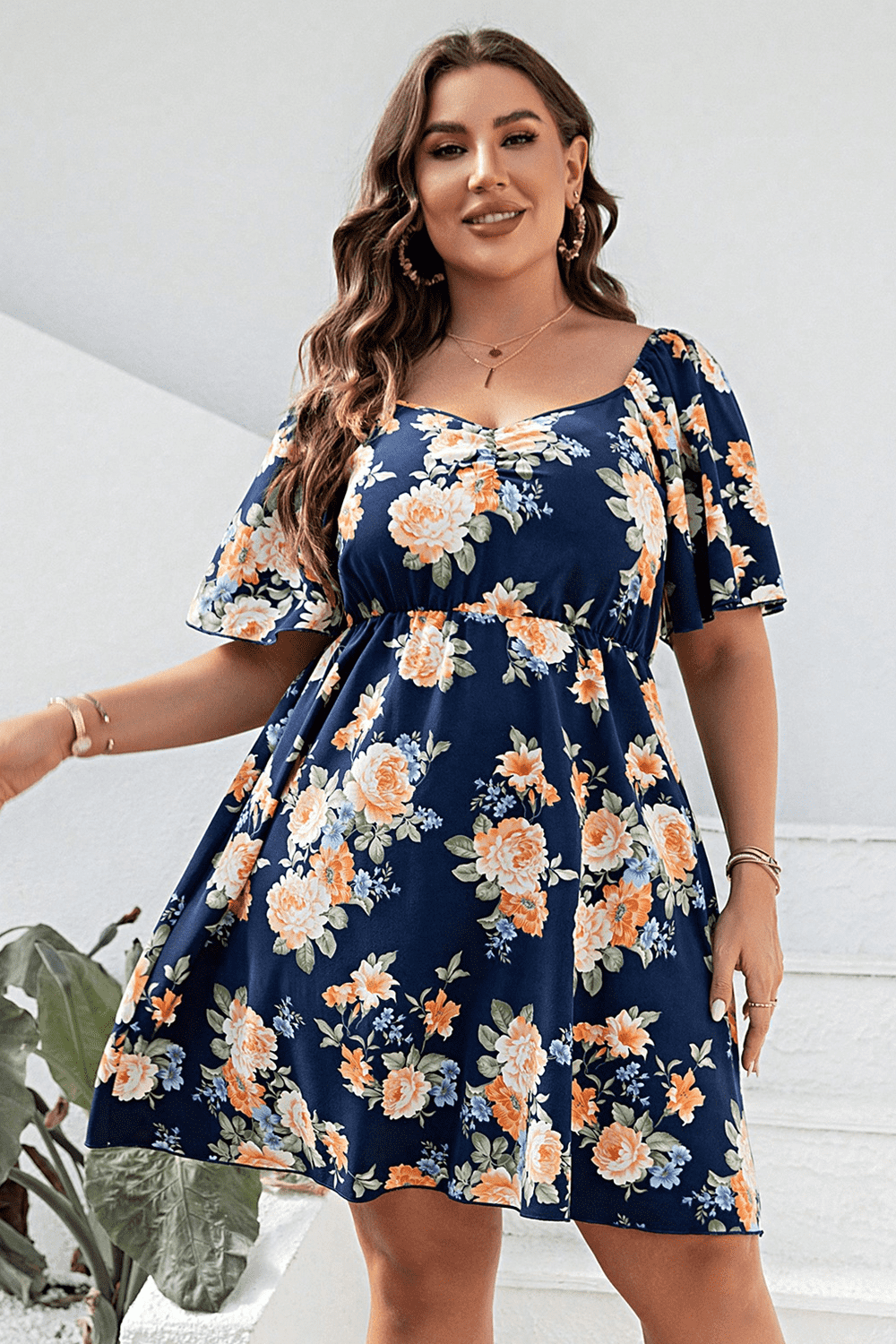 Plus Size Floral Print V - Neck Flutter Sleeve Mini Dress - MAD RUFFI