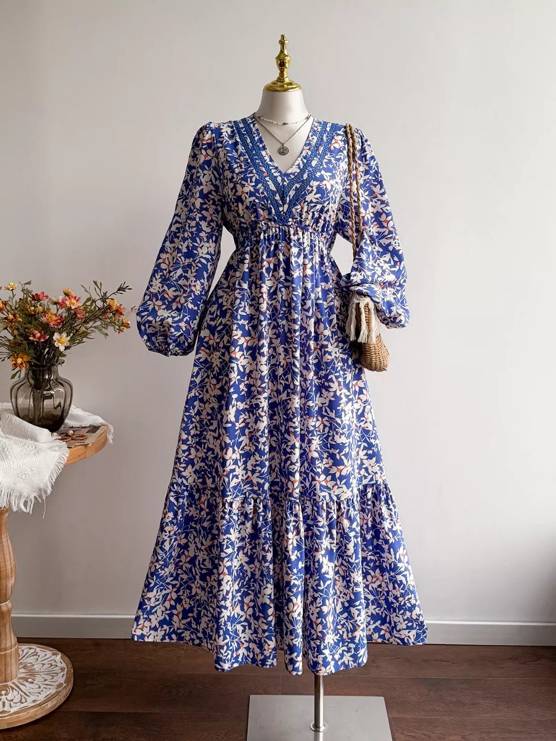 Plus Size Floral Print V - Neck Long Sleeve Maxi Dress - MAD RUFFI
