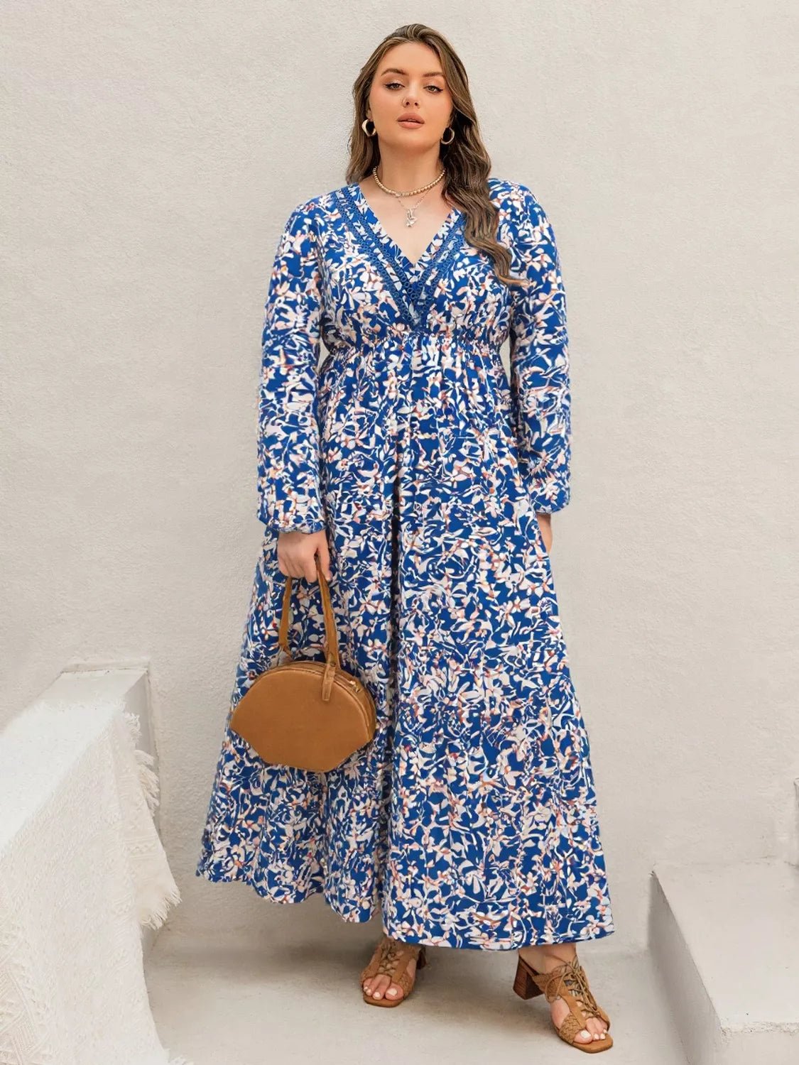 Plus Size Floral Print V - Neck Long Sleeve Maxi Dress - MAD RUFFI