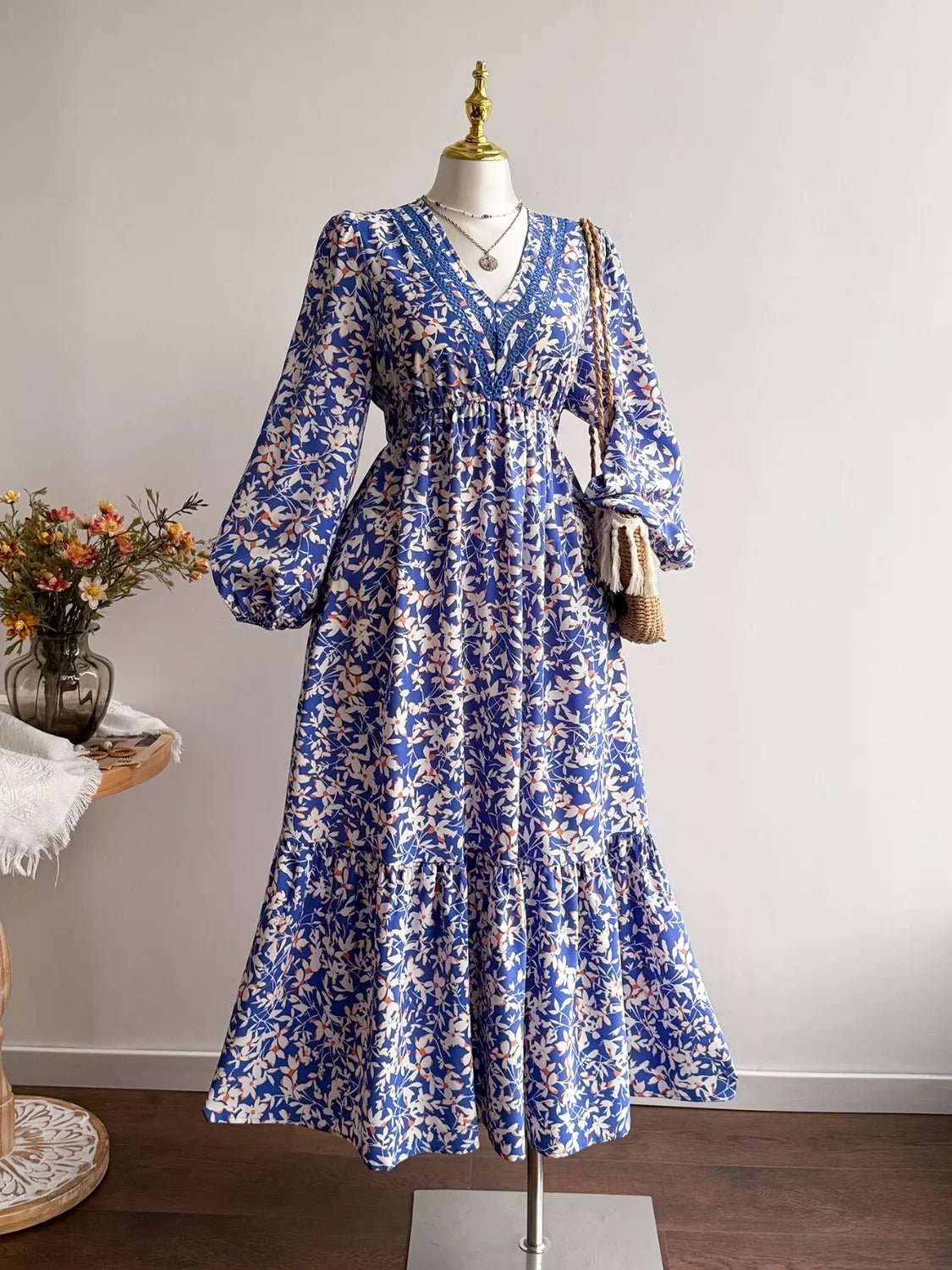 Plus Size Floral Print V - Neck Long Sleeve Maxi Dress - MAD RUFFI