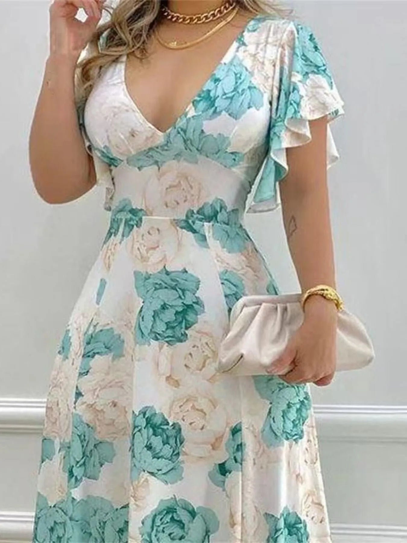 Plus Size Floral Print V - Neck Maxi Dress with Flutter Sleeves - MAD RUFFI