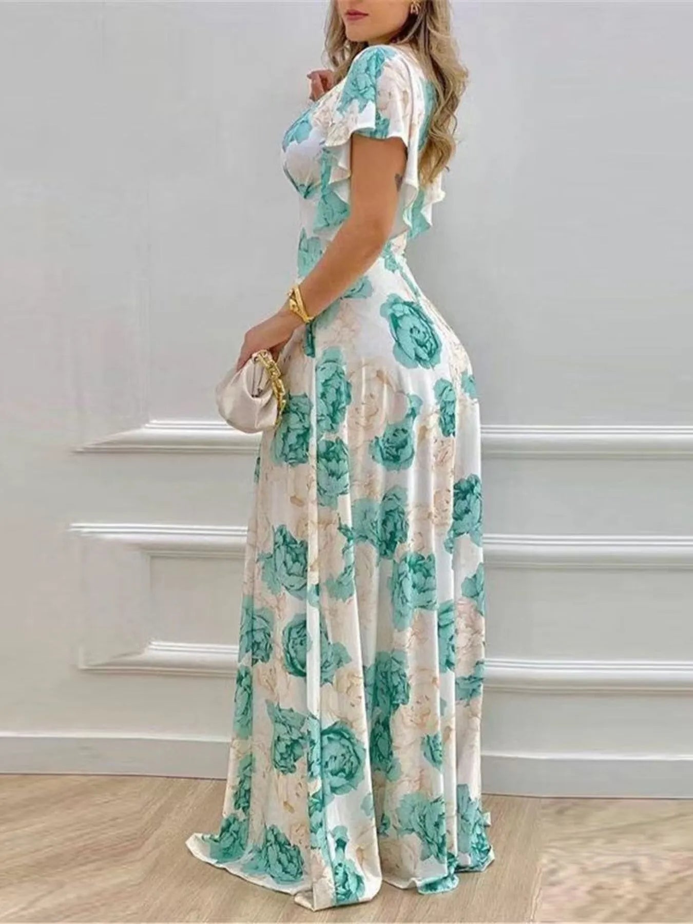Plus Size Floral Print V - Neck Maxi Dress with Flutter Sleeves - MAD RUFFI