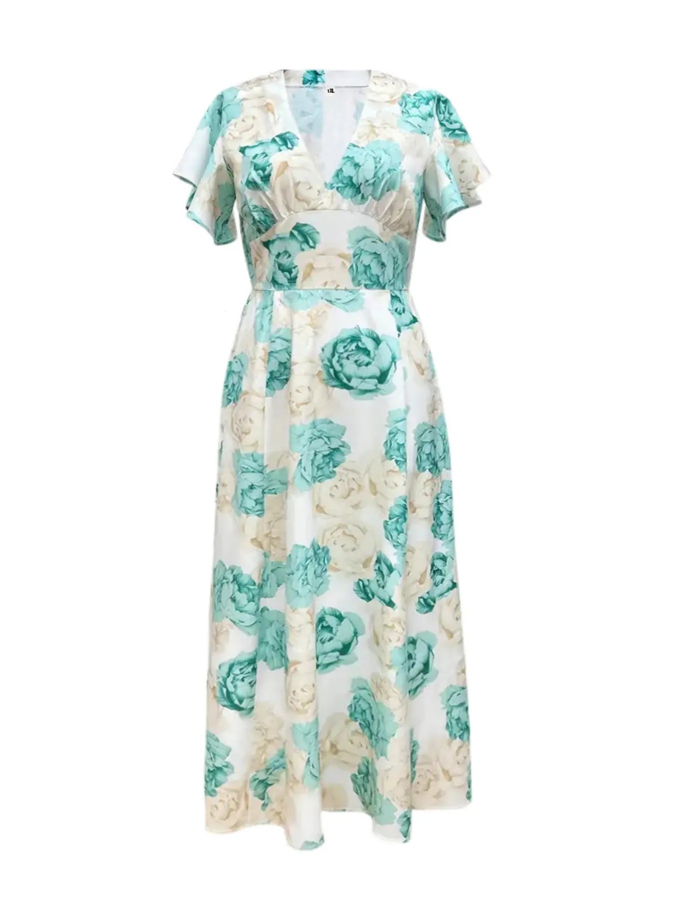 Plus Size Floral Print V - Neck Maxi Dress with Flutter Sleeves - MAD RUFFI