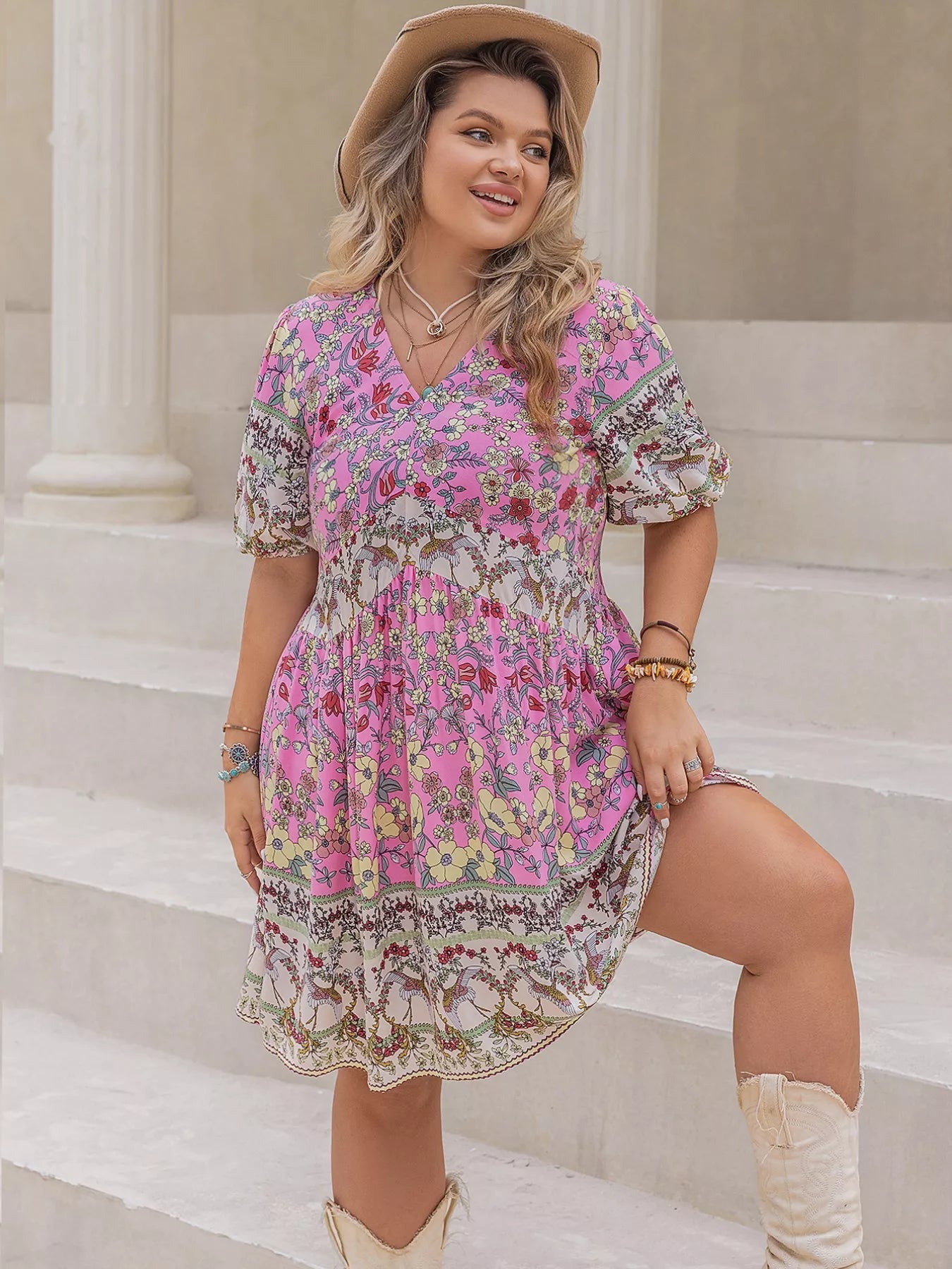 Plus Size Floral Print V - Neck Puff Sleeve Summer Dress - MAD RUFFI
