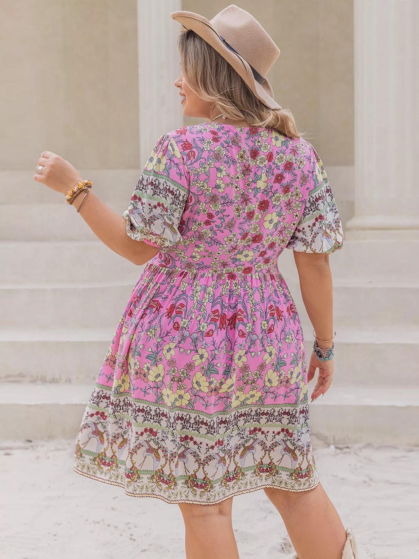 Plus Size Floral Print V - Neck Puff Sleeve Summer Dress - MAD RUFFI