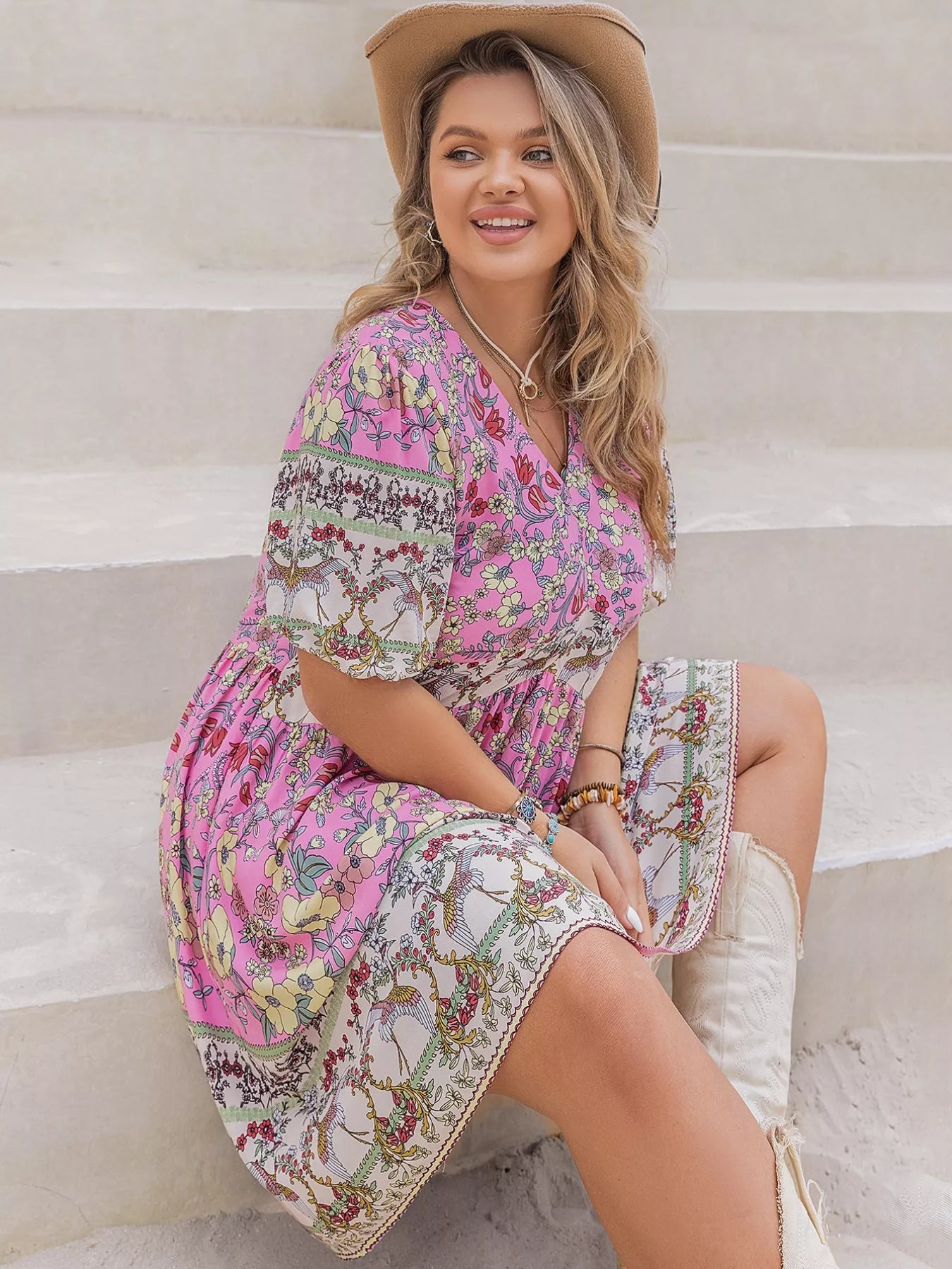 Plus Size Floral Print V - Neck Puff Sleeve Summer Dress - MAD RUFFI