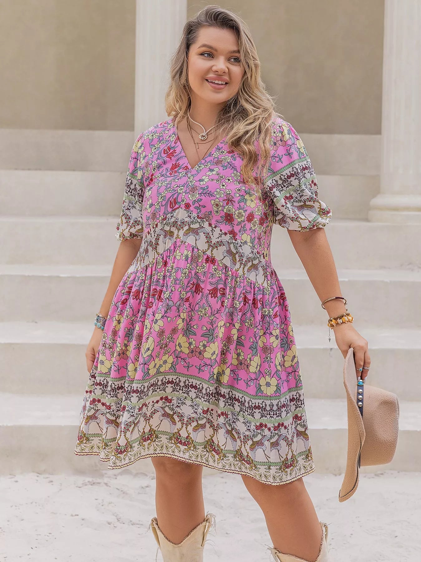 Plus Size Floral Print V - Neck Puff Sleeve Summer Dress - MAD RUFFI