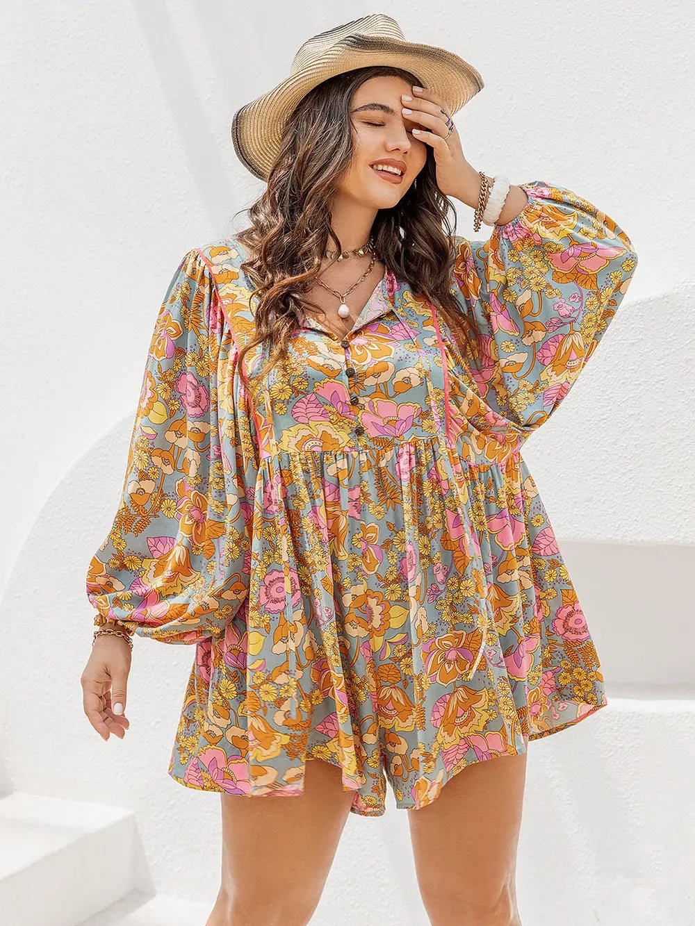 Plus Size Floral Tie Neck Balloon Sleeve Romper - MAD RUFFI