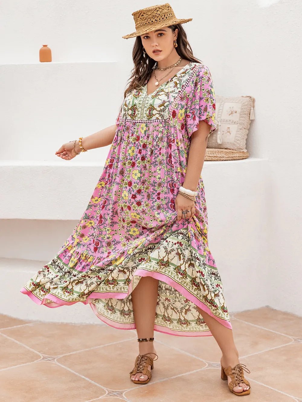 Plus Size Floral Tie Neck Flutter Sleeve Maxi Dress - MAD RUFFI