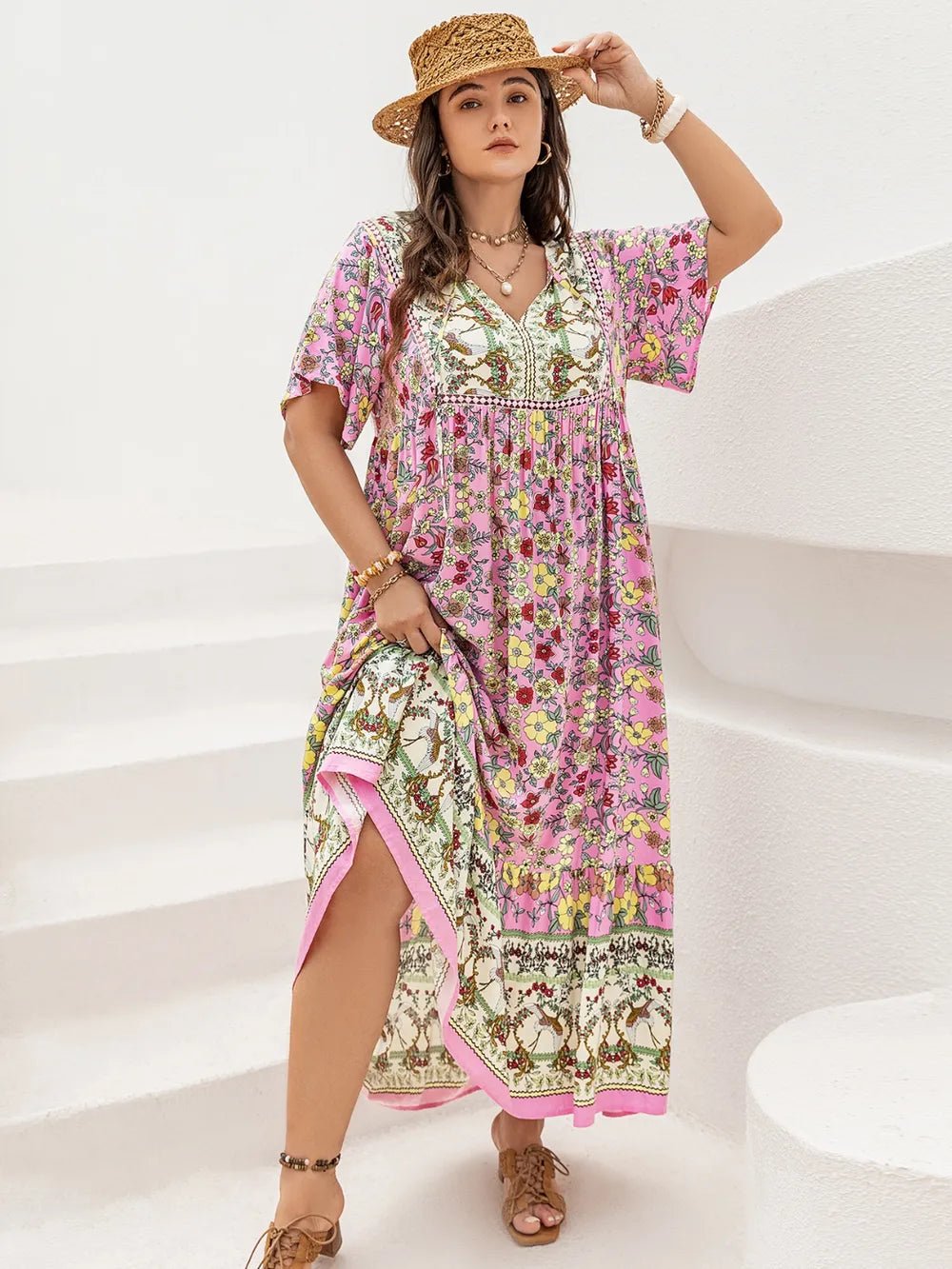 Plus Size Floral Tie Neck Flutter Sleeve Maxi Dress - MAD RUFFI