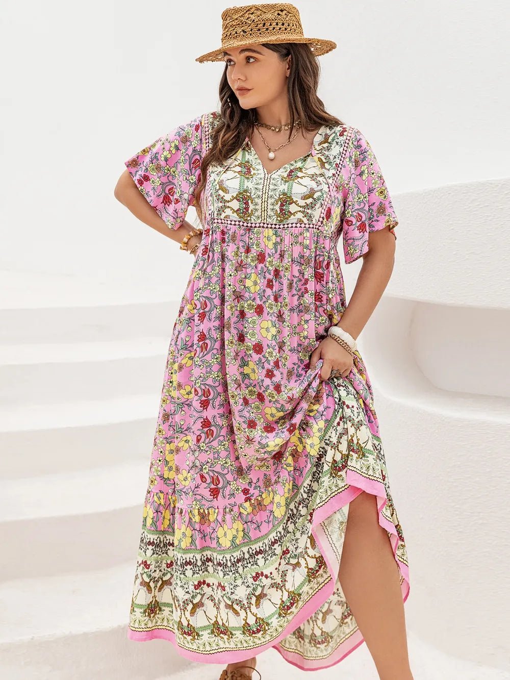 Plus Size Floral Tie Neck Flutter Sleeve Maxi Dress - MAD RUFFI