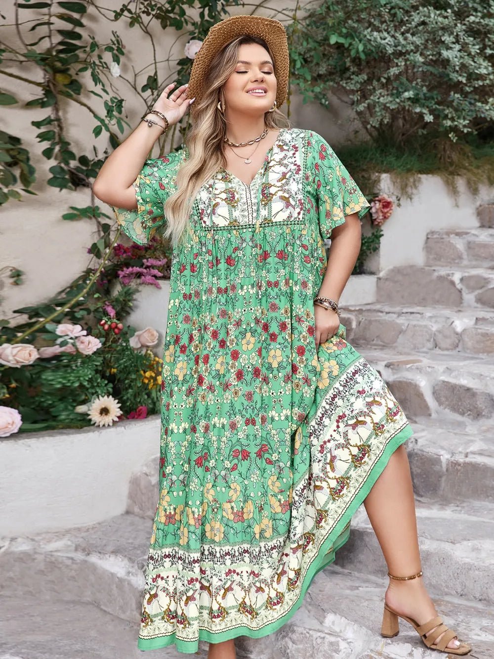 Plus Size Floral Tie Neck Flutter Sleeve Maxi Dress - MAD RUFFI
