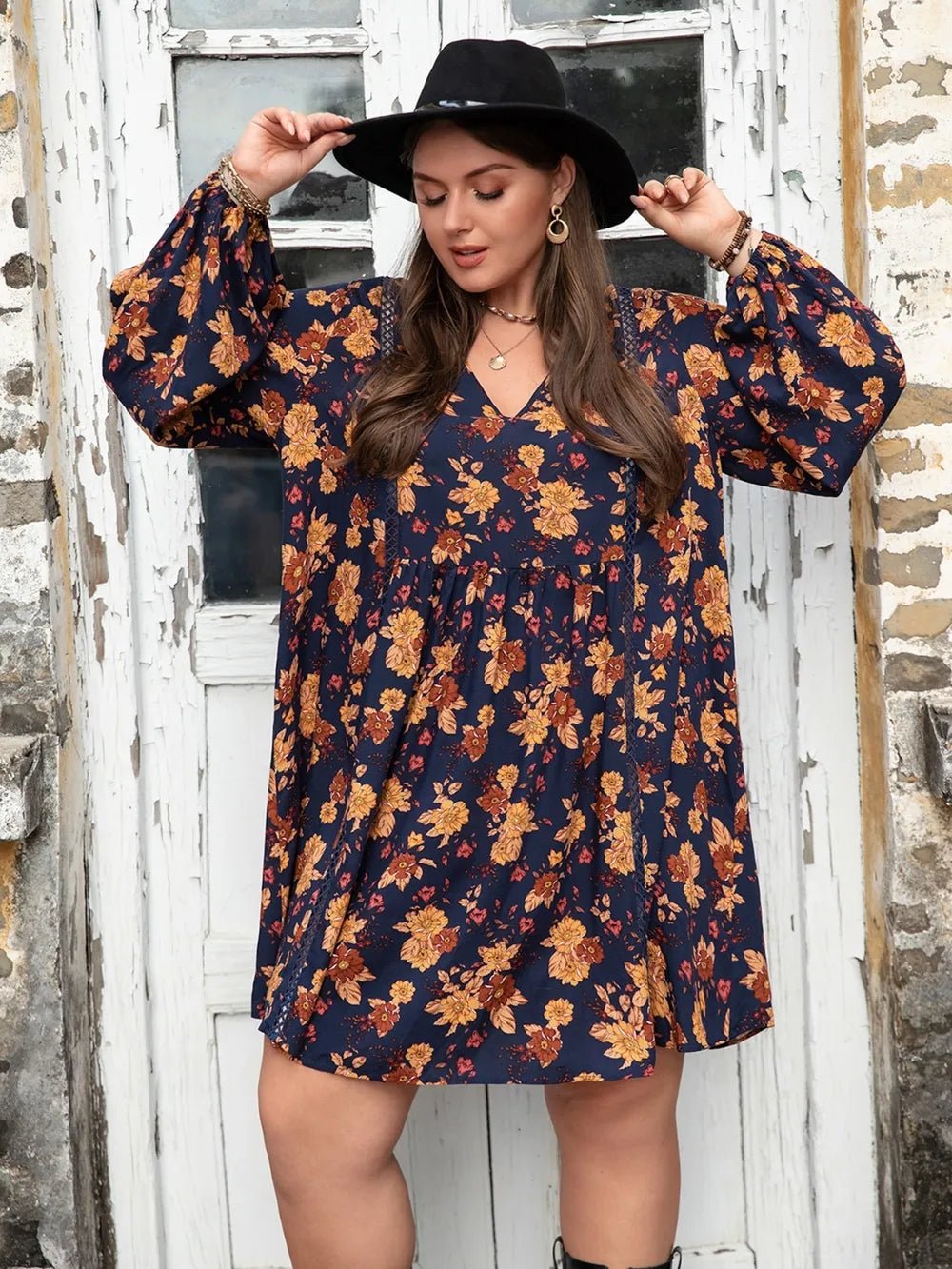 Plus Size Floral V - Neck Balloon Sleeve Dress - MAD RUFFI