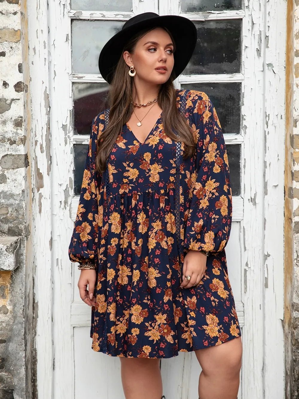 Plus Size Floral V - Neck Balloon Sleeve Dress - MAD RUFFI