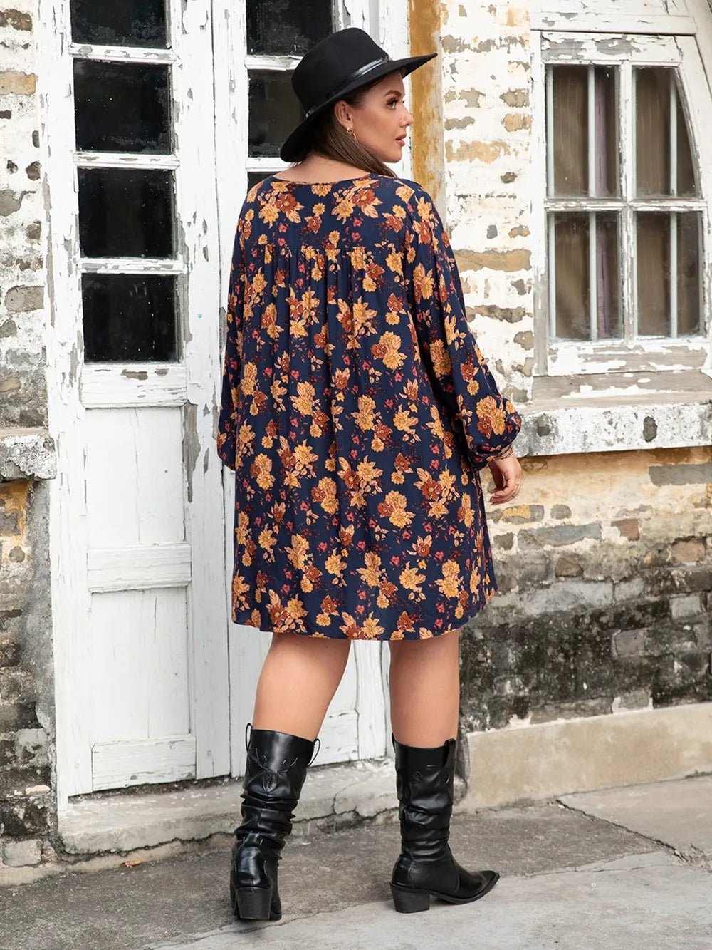 Plus Size Floral V - Neck Balloon Sleeve Dress - MAD RUFFI